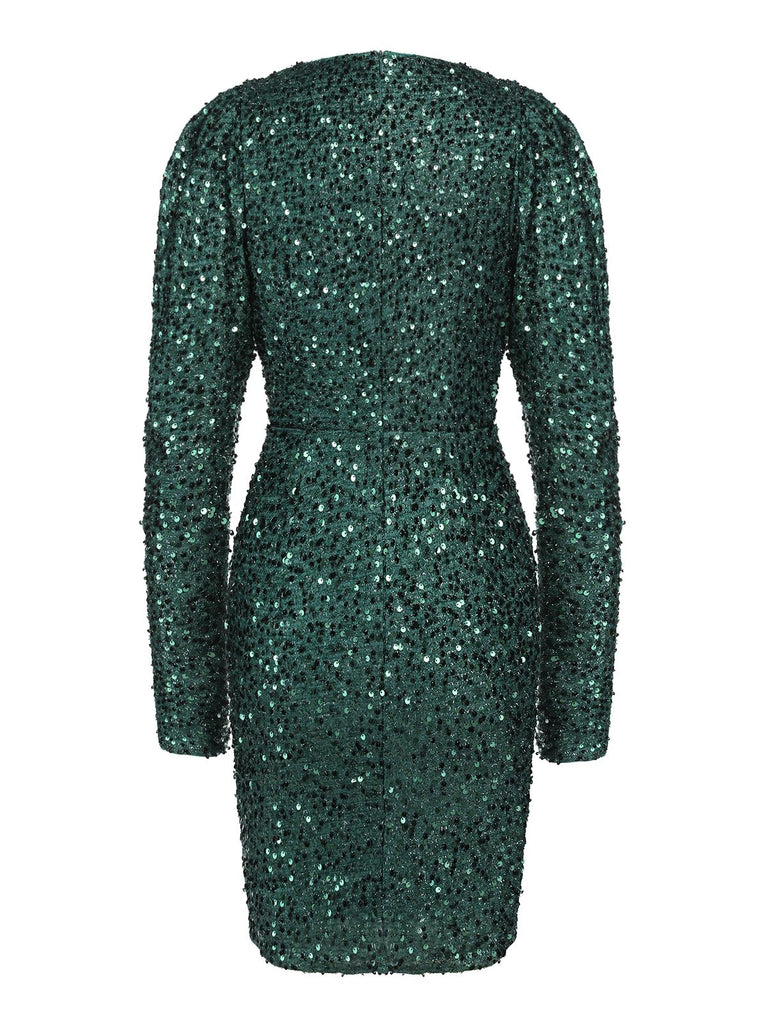 Green 1960s Christmas Sequin V-Neck Pencil Dress