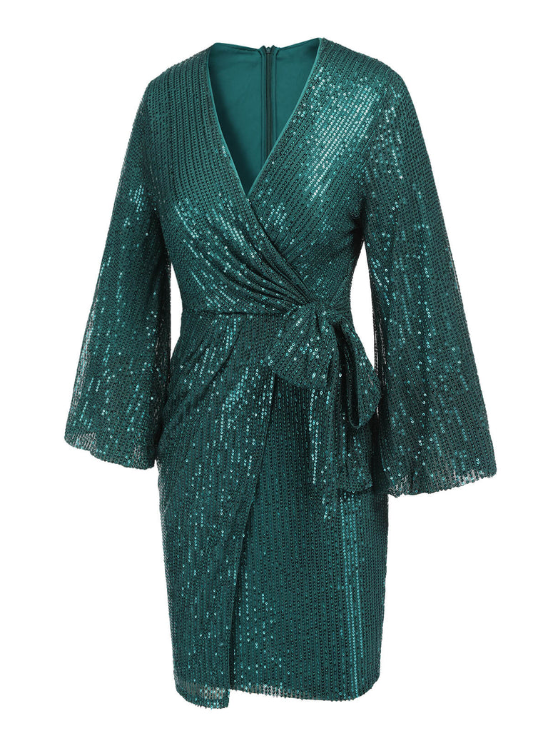 Green 1960s Christmas Sequin V-Neck Pencil Dress