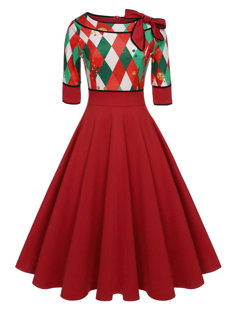 Green 1950s Christmas Plaid Patchwork Dress