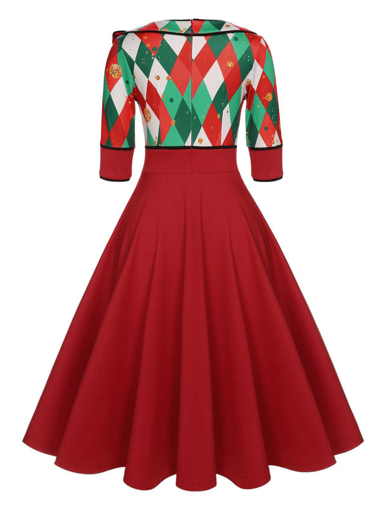 Red 1950s Christmas Plaids Bow Decor Dress