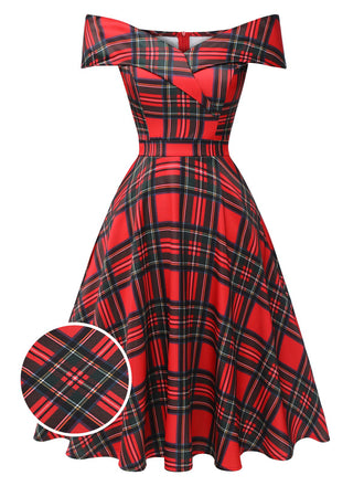 Red 1950s Christmas Plaid Off-Shoulder Dress