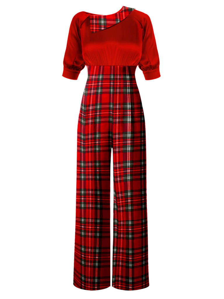 Red 1930s Christmas Plaid Short Sleeved Jumpsuit