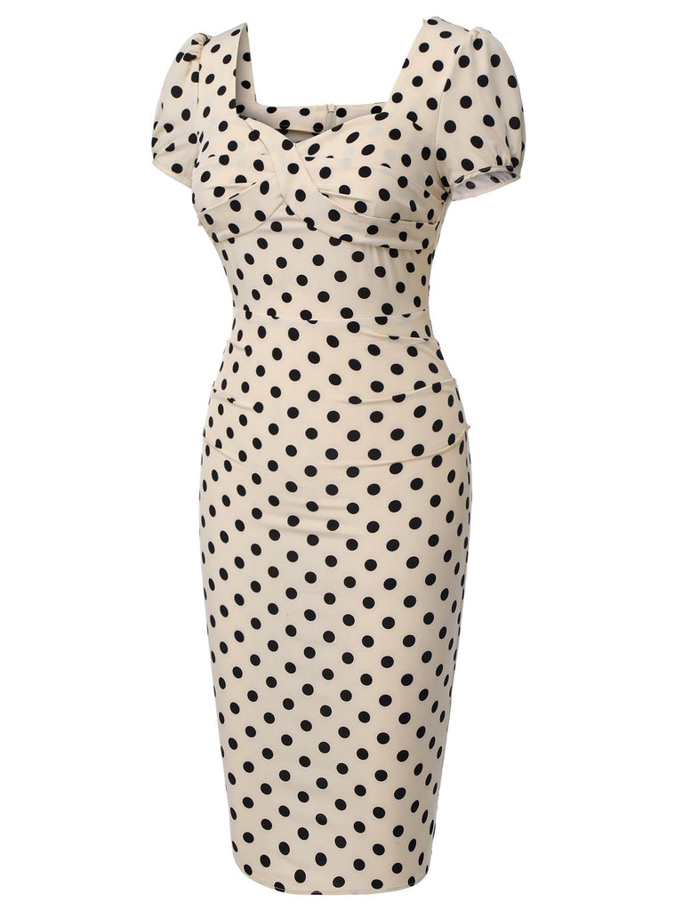 Beige 1960s Polka Dot Square Neck Puff Dress