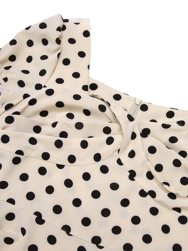 Beige 1960s Polka Dot Square Neck Puff Dress