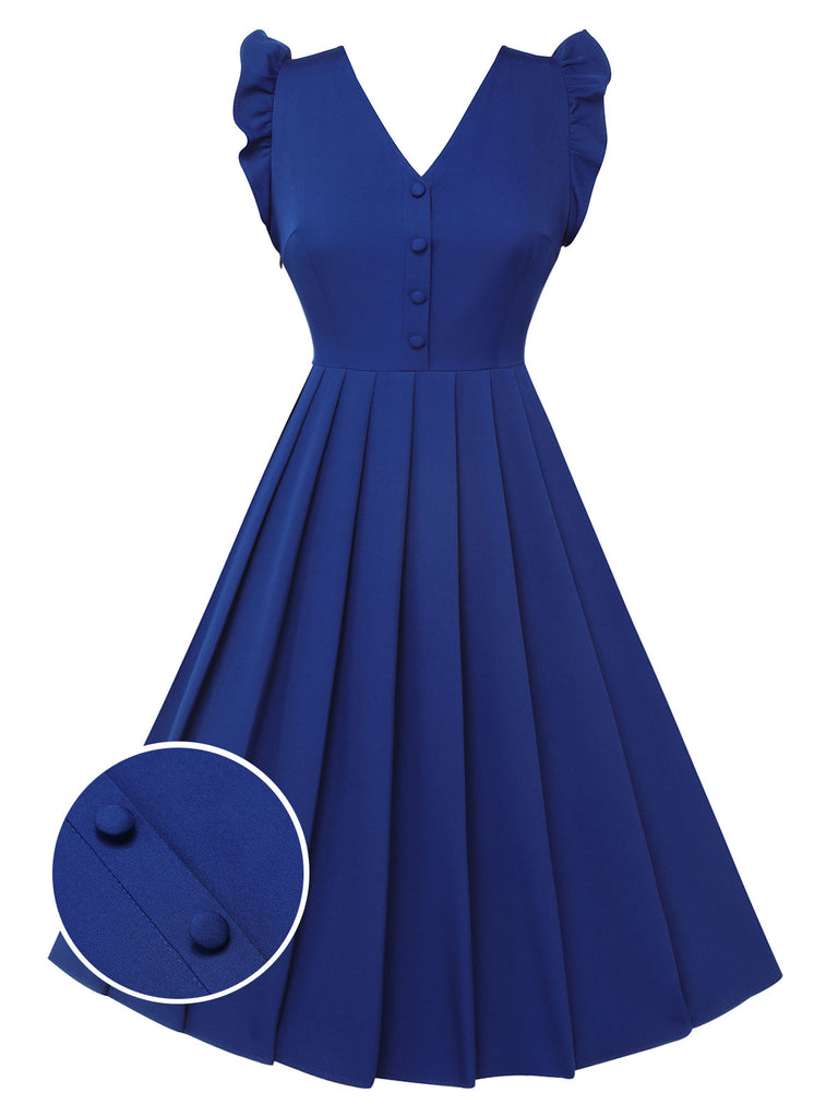 Blue 1950s Pleated Ruffles Vest Dress
