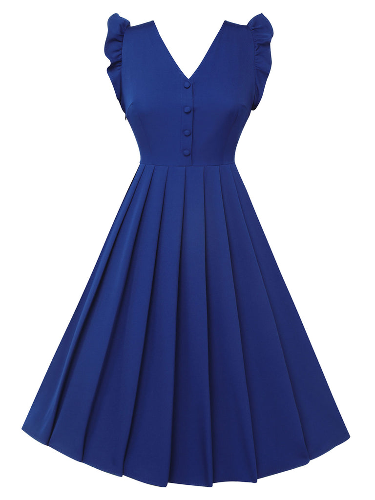 Blue 1950s Pleated Ruffles Vest Dress