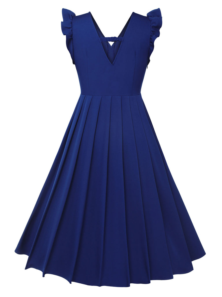 Blue 1950s Pleated Ruffles Vest Dress