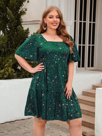 [Plus Size] 1950s Hot Stamping Stars Square Neck Dress