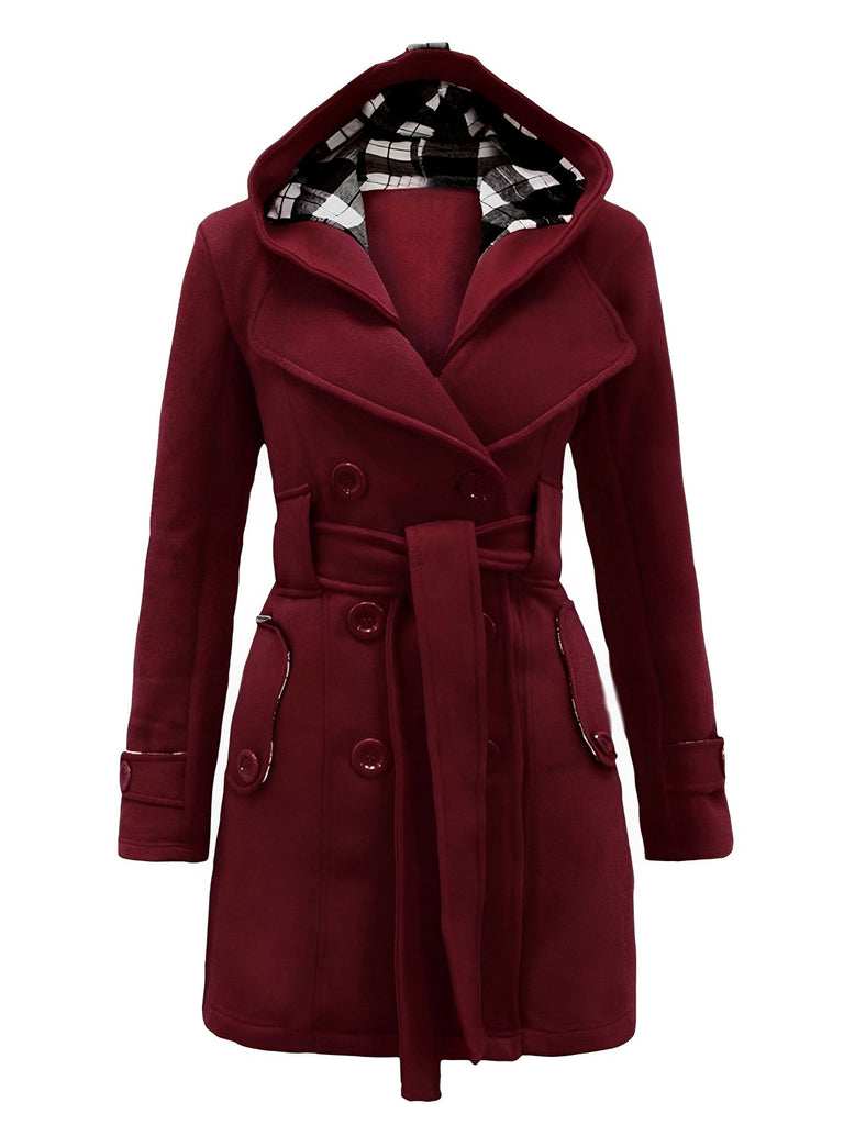 1950s Plaids Hooded Belted Coat