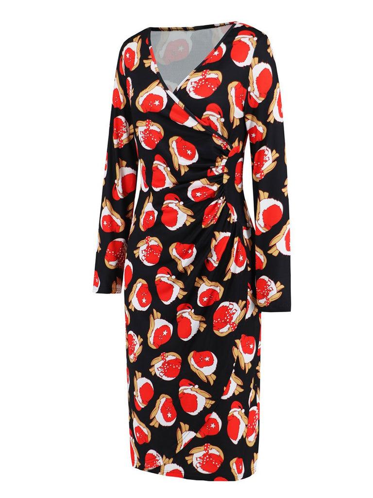 1960s Christmas Print V-Neck Wrap Dress