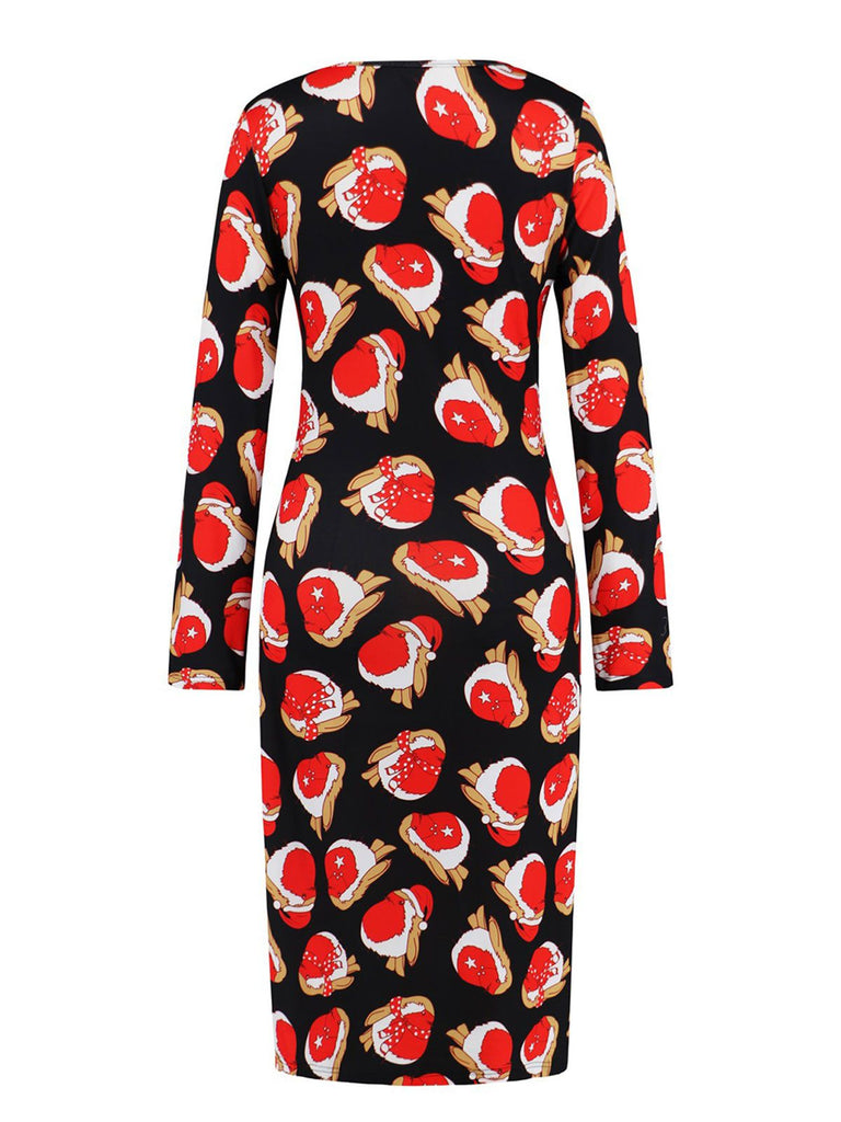 1960s Christmas Print V-Neck Wrap Dress