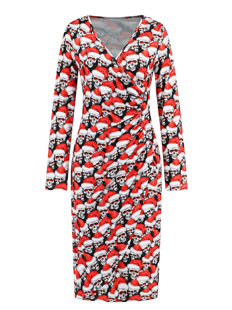 1960s Christmas Print V-Neck Wrap Dress