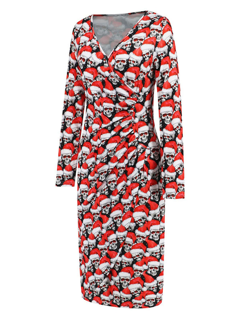 1960s Christmas Print V-Neck Wrap Dress