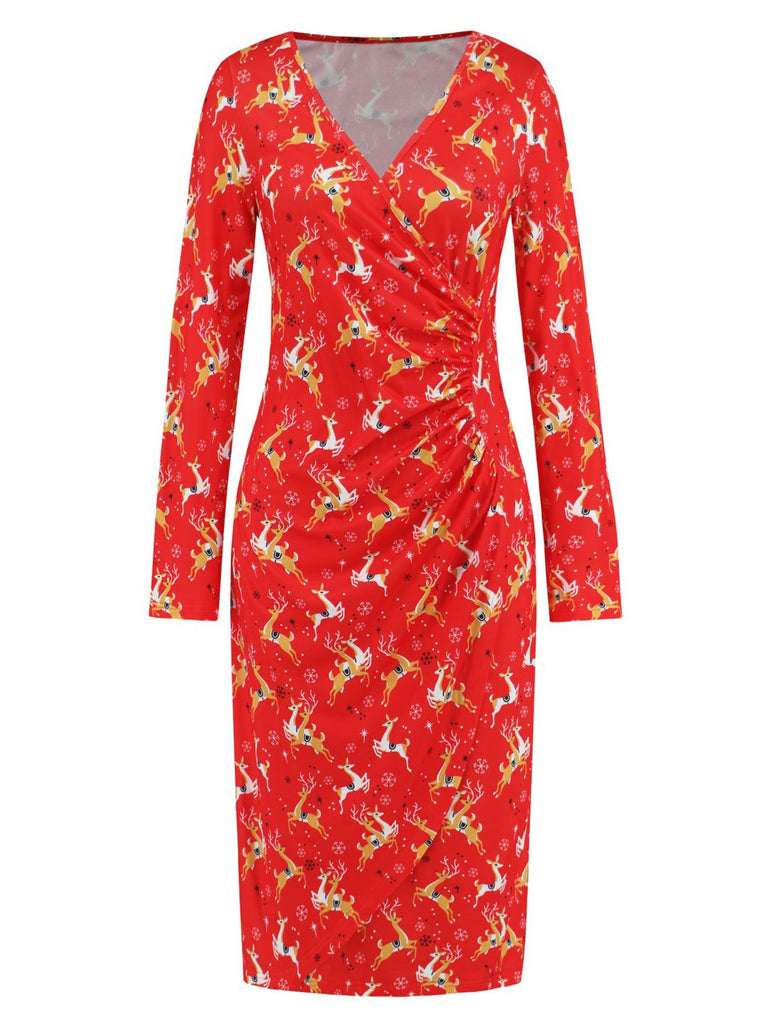 1960s Christmas Print V-Neck Wrap Dress