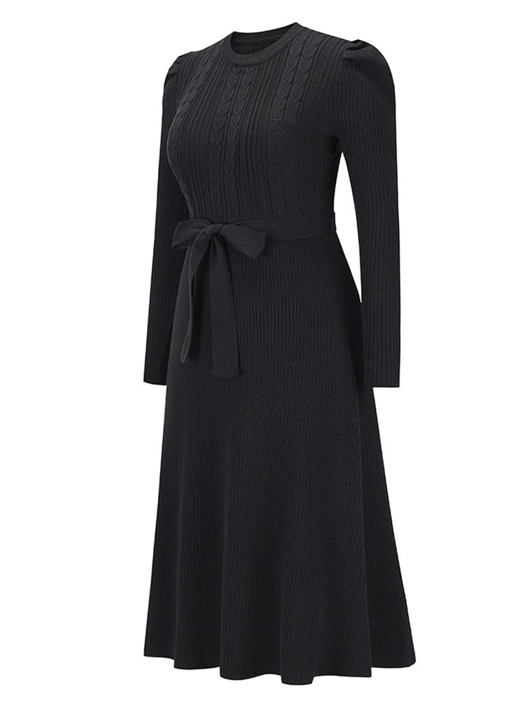 1940s Solid Knitted Lantern A-line Belt Dress