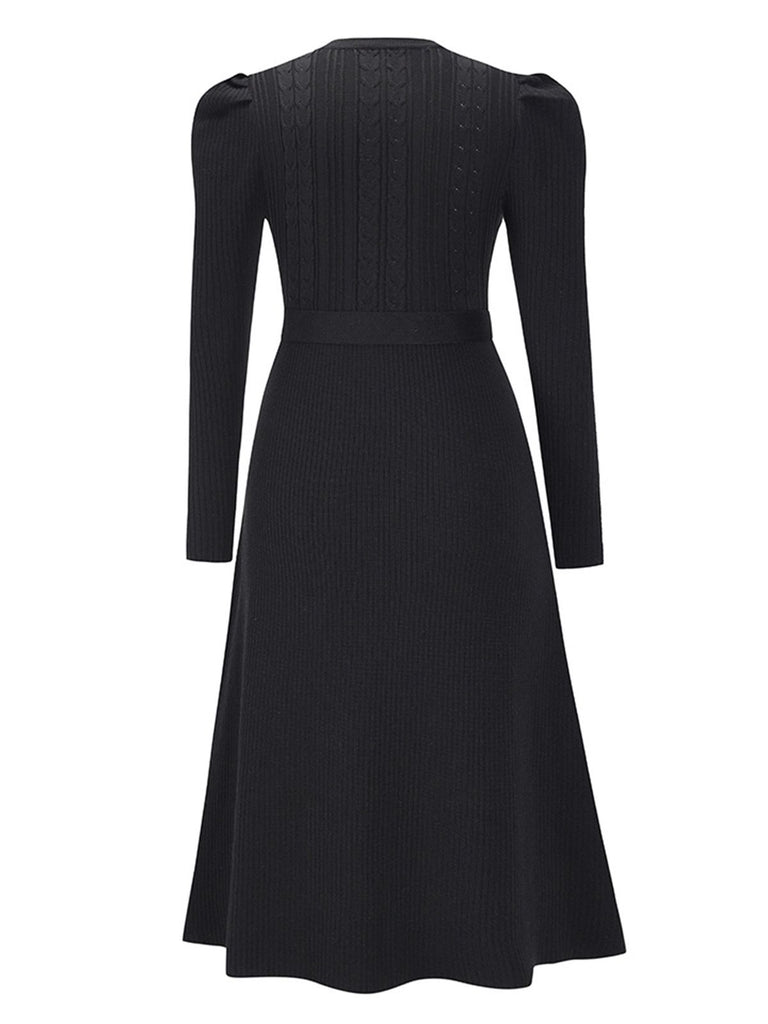 1940s Solid Knitted Lantern A-line Belt Dress