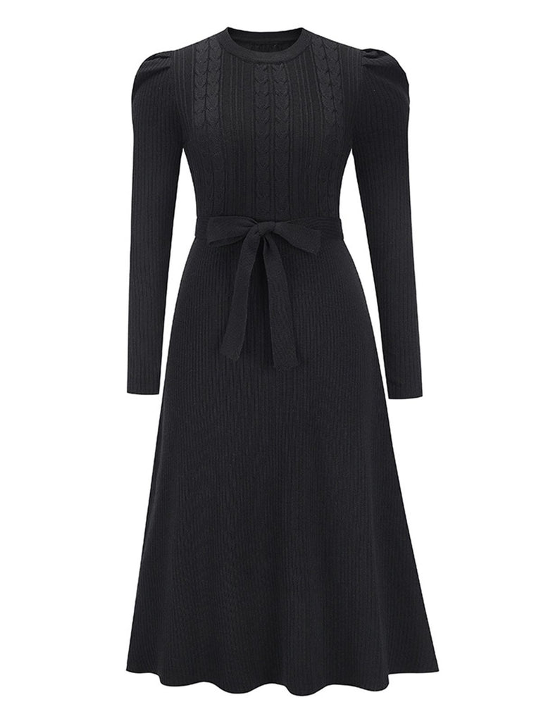 1940s Solid Knitted Lantern A-line Belt Dress