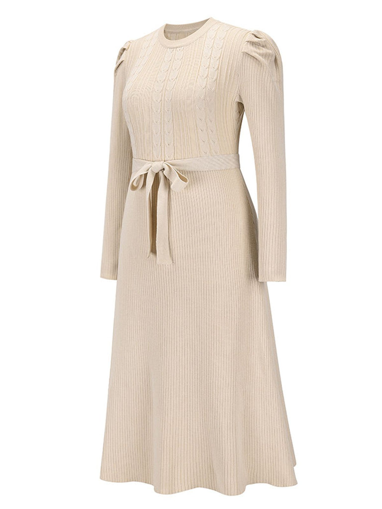 1940s Solid Knitted Lantern A-line Belt Dress