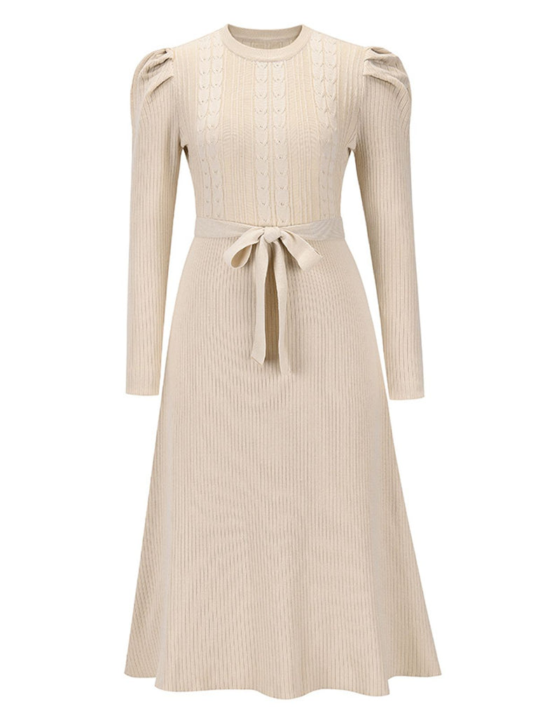 1940s Solid Knitted Lantern A-line Belt Dress
