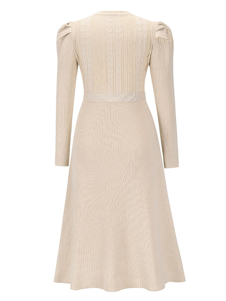 1940s Solid Knitted Lantern A-line Belt Dress