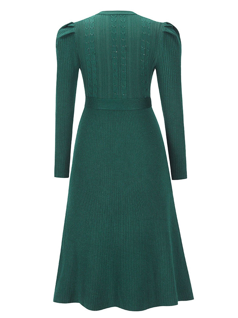 1940s Solid Knitted Lantern A-line Belt Dress