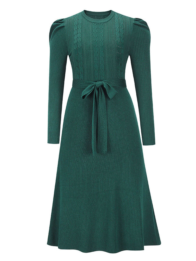 1940s Solid Knitted Lantern A-line Belt Dress