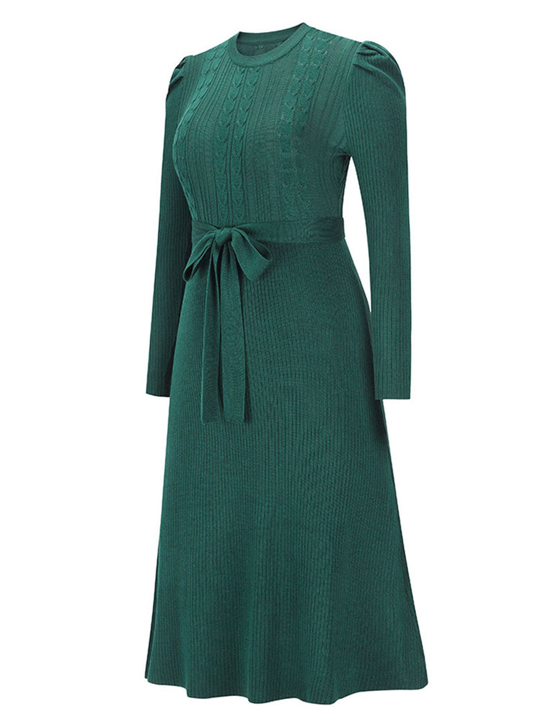 1940s Solid Knitted Lantern A-line Belt Dress