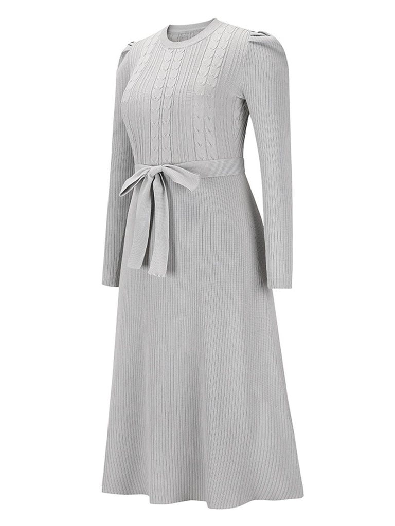 1940s Solid Knitted Lantern A-line Belt Dress