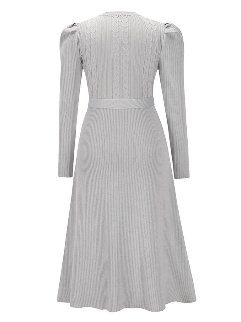 1940s Solid Knitted Lantern A-line Belt Dress