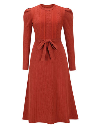 1940s Solid Knitted Lantern A-line Belt Dress