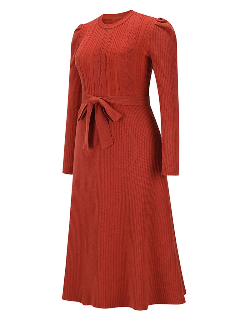 1940s Solid Knitted Lantern A-line Belt Dress