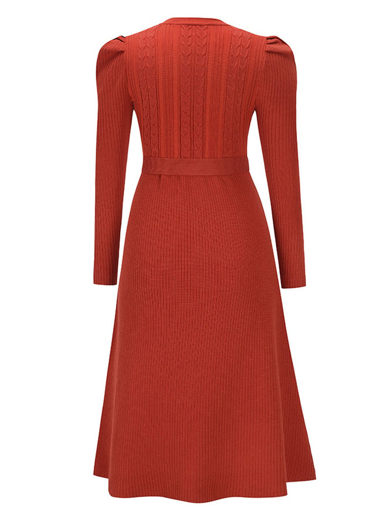 1940s Solid Knitted Lantern A-line Belt Dress