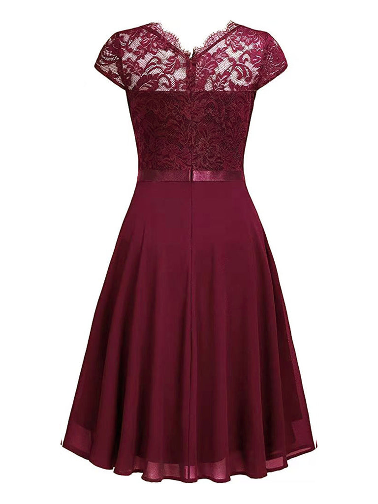1940s Ruffles Lace Floral Solid Dress