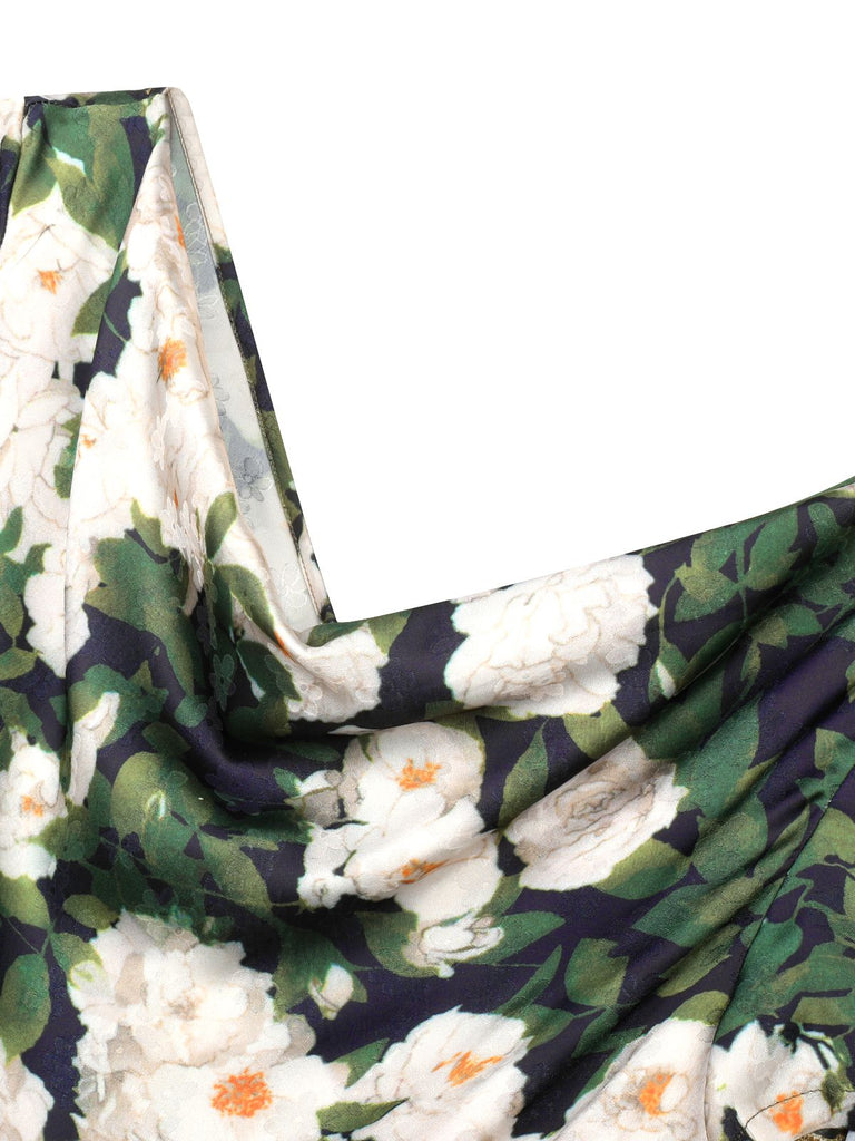 Green 1950s Cowl Neck Painting Flower Dress