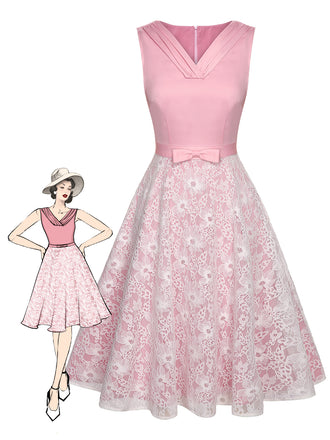 Pale Pink 1950s Solid Lace Patchwork Dress