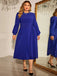 [Plus Size] Blue 1940s Puff Sleeve Lace-Up Solid Dress