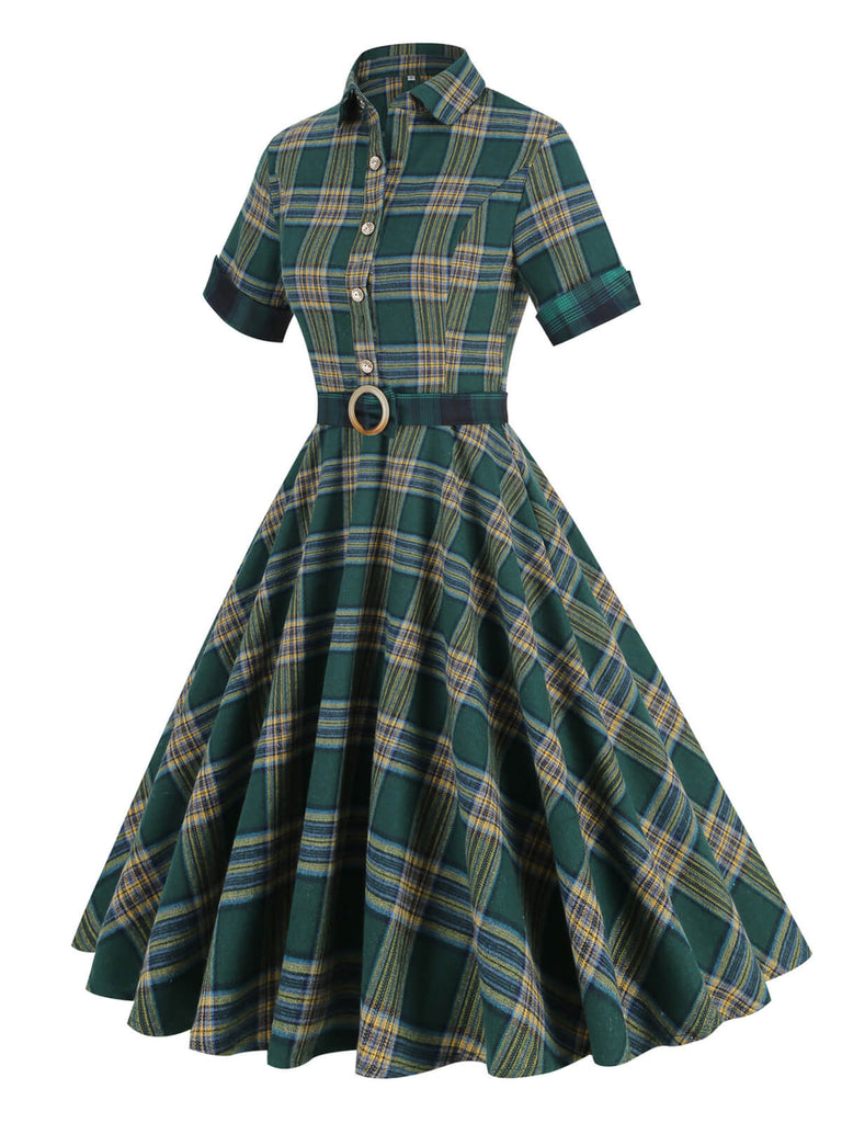 Dark Army Green 1950s Lapel Plaid Dress