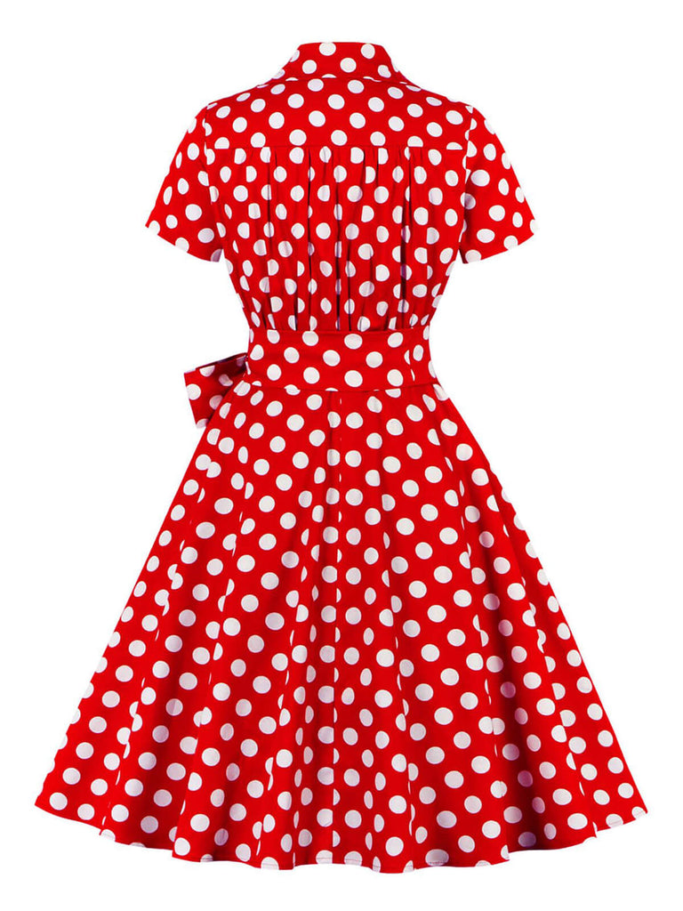 [Plus Size] 1950s Polka Dots Waist Tie Lapel Dress