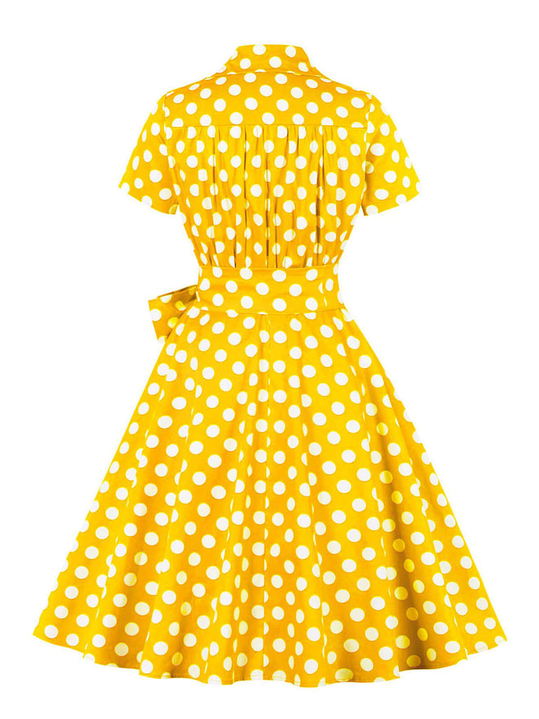 [Plus Size] 1950s Polka Dots Waist Tie Lapel Dress