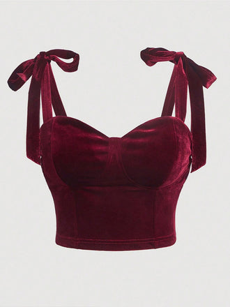 [Plus Size] Red 1950s Velvet Lace-Up Bandeau Vest