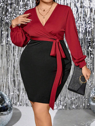 [Plus Size] Red 1960s Deep V-Neck Patchwork Dress
