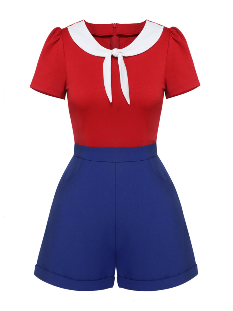 Red & Blue 1950s Solid Tie Romper