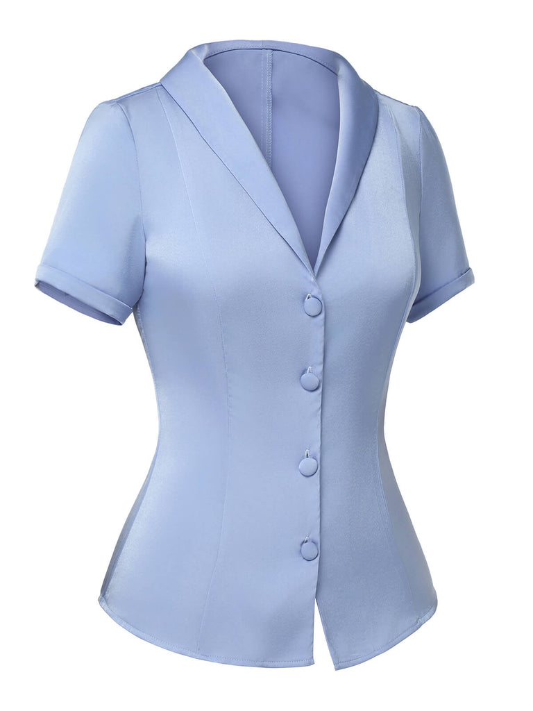 Blue 1950s Solid Lapel Blouse