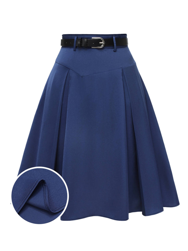 Dark Blue 1950s Solid High-Waist Pleated Skirt