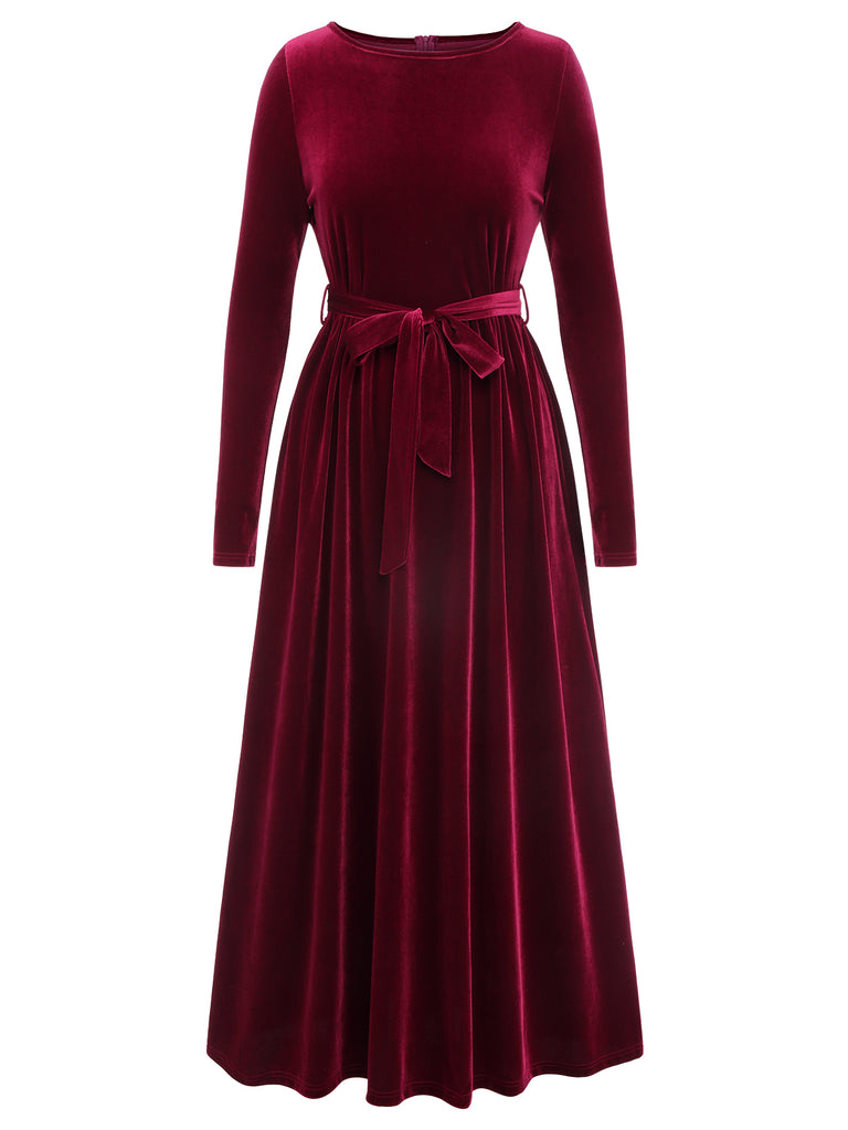 1940s Solid Velvet Belt Long Dress