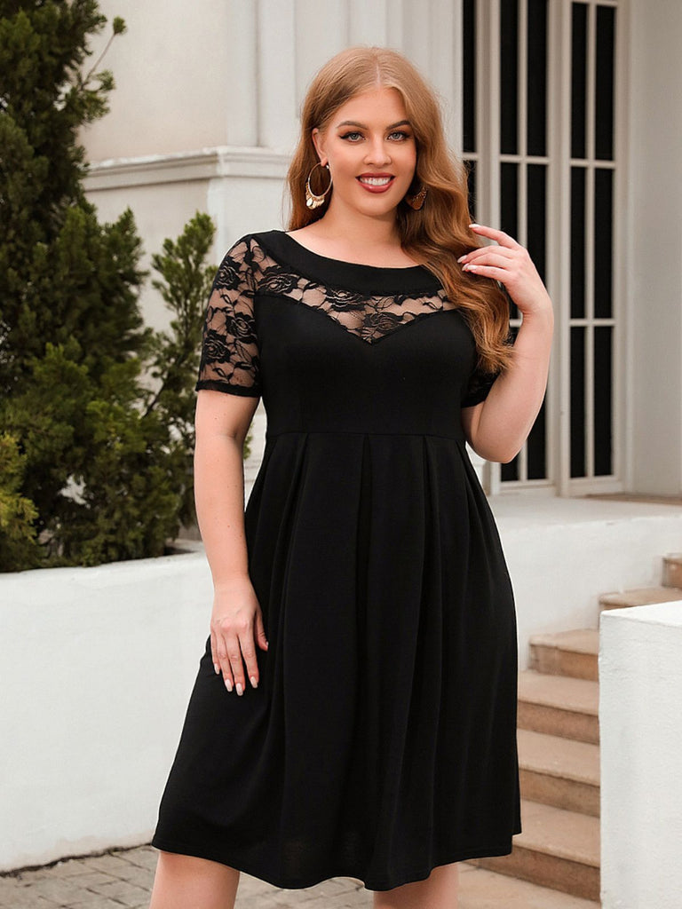 [Plus Size] 1940s Hollow Lace Solid Dress