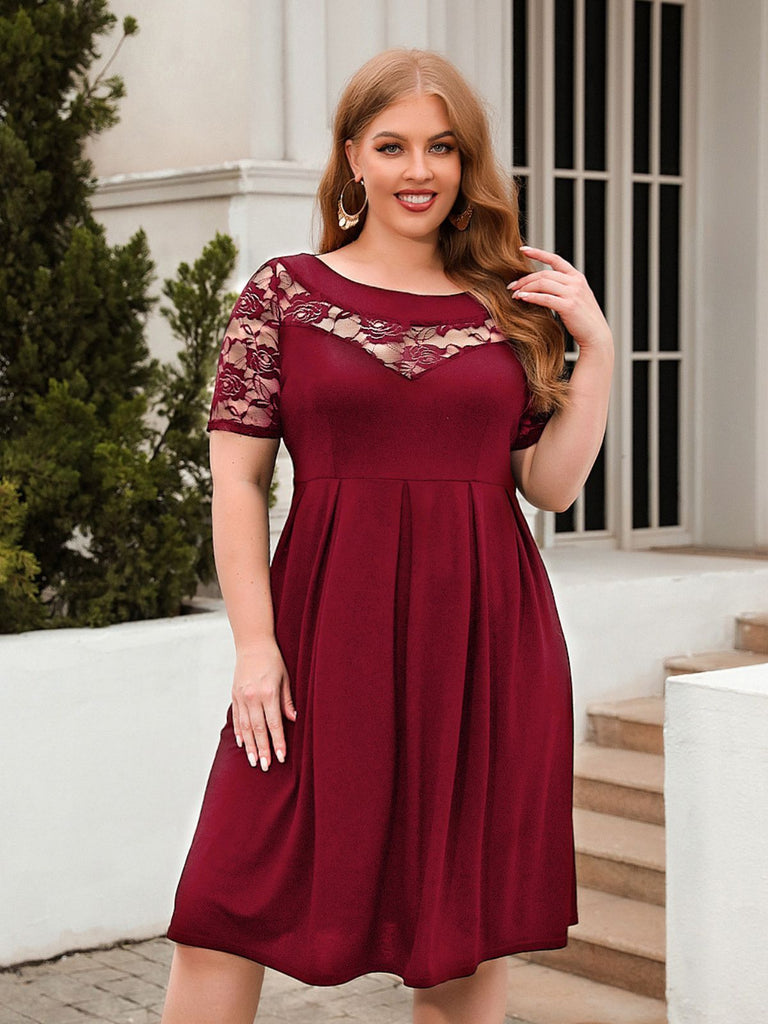 [Plus Size] 1940s Hollow Lace Solid Dress