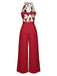 Red 1930s Halter Deep V-Neck Roses Jumpsuit