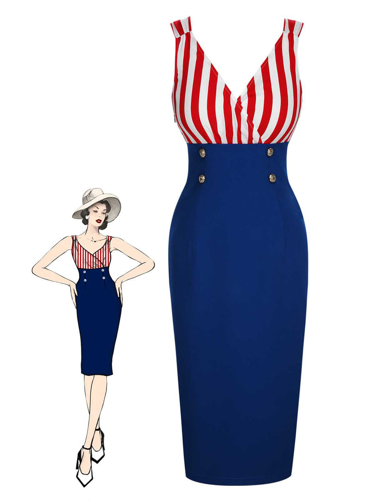 ‍1960s V-Neck Red Blue Contrast Stripes Dress (75% off)