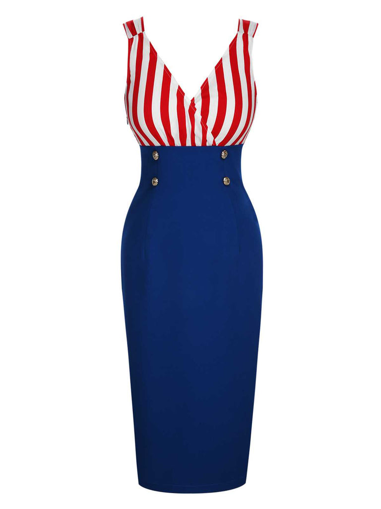 ‍1960s V-Neck Red Blue Contrast Stripes Dress (75% off)